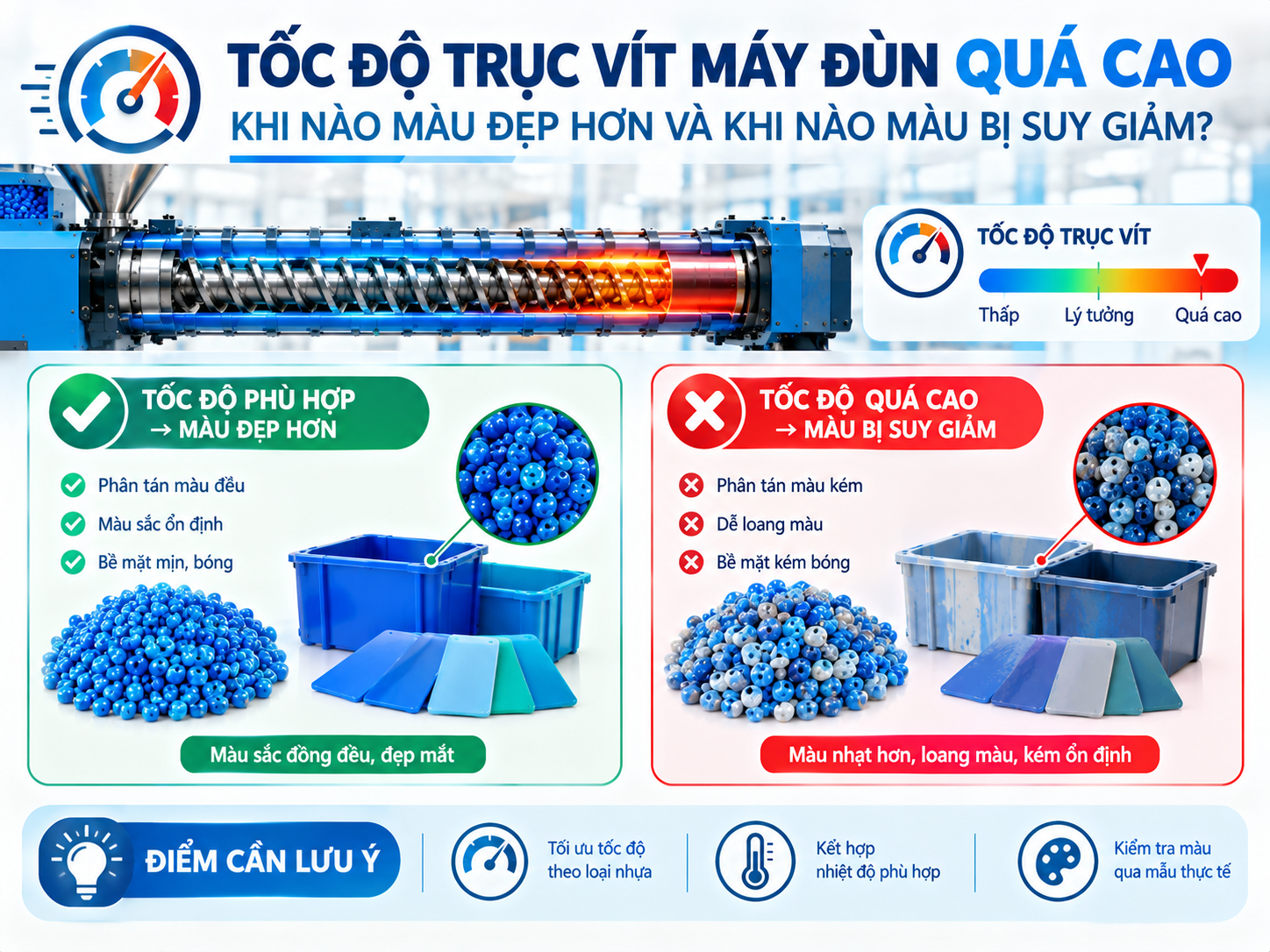 Tốc độ trục vít máy đùn quá cao: khi nào màu đẹp hơn và khi nào màu bị suy giảm?